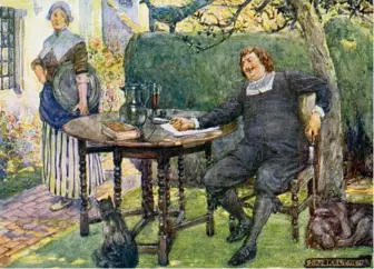  ??  ?? Robert Herrick shown with his devoted maid Prudence Baldwin: ‘My Maid (My Prue), By good luck sent, to save that little, fates me gave or lent’