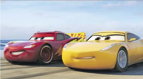  ?? DISNEY PIXAR ?? Racing veteran Lightning McQueen, left, teams up with tech-savvy, unconventi­onal trainer Cruz Ramirez in Cars 3.