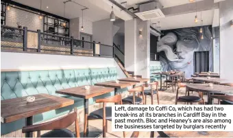  ??  ?? Left, damage to Coffi Co, which has had two break-ins at its branches in Cardiff Bay in the past month. Bloc and Heaney’s are also among the businesses targeted by burglars recently