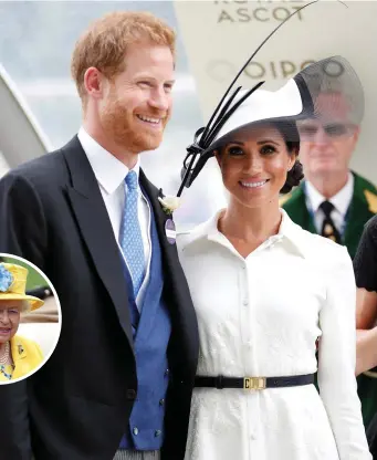  ?? Photos: Reuters ?? Prince Harry, Meghan Markle, who was wearing a Philip Treacy hat, and (inset) Queen Elizabeth attending Royal Ascot yesterday.