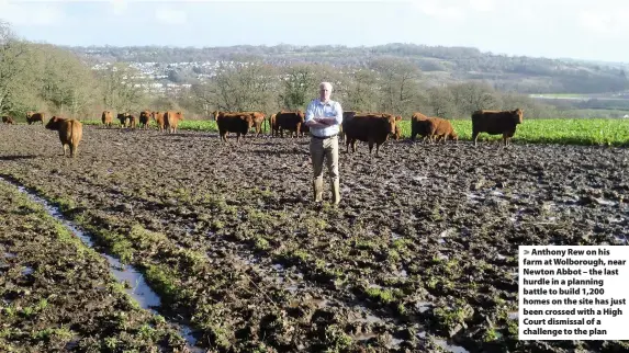  ??  ?? Anthony Rew on his farm at Wolborough, near Newton Abbot – the last hurdle in a planning battle to build 1,200 homes on the site has just been crossed with a High Court dismissal of a challenge to the plan