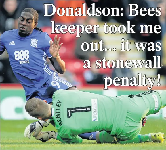  ??  ?? &gt; Clayton Donaldson is brought down by Brentford goalkeeper Daniel Bentley for the penalty award and (below) refuses to celebrate his goal