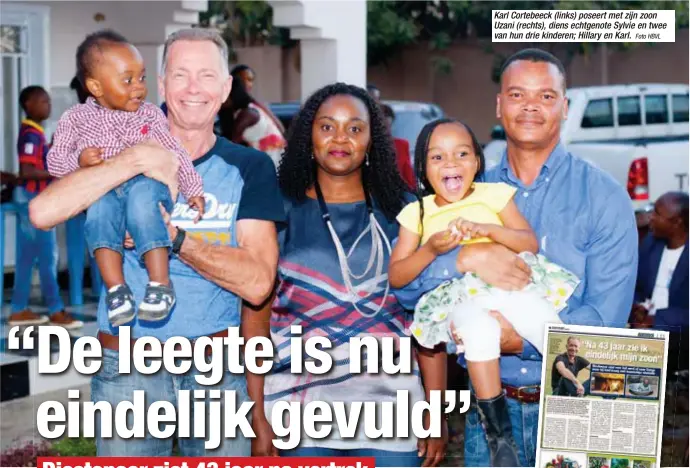  ?? Foto HBVL ?? Karl Cortebeeck (links) poseert met zijn zoon Uzani (rechts), diens echtgenote Sylvie en twee van hun drie kinderen; Hillary en Karl. Karl kondigde zijn plannen op 10 juni in uw krant aan.