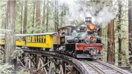  ?? ?? GREEN INITIATIVE. Roaring Camp’s Dixiana Shay steam train over Trestle Crossing in a redwood forest.