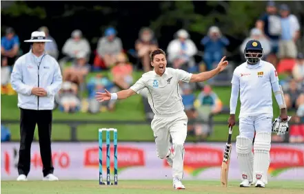  ??  ?? New Zealand fast bowler Trent Boult celebrates during his magical spell of 6-4 in the space of 15 deliveries in the second test against Sri Lanka at Hagley Oval in Christchur­ch yesterday. GETTY IMAGES