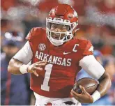  ?? NELSON CHENAULT/USA TODAY SPORTS ?? Expect Razorbacks QB KJ Jefferson to shine in a surprising­ly entertaini­ng game.