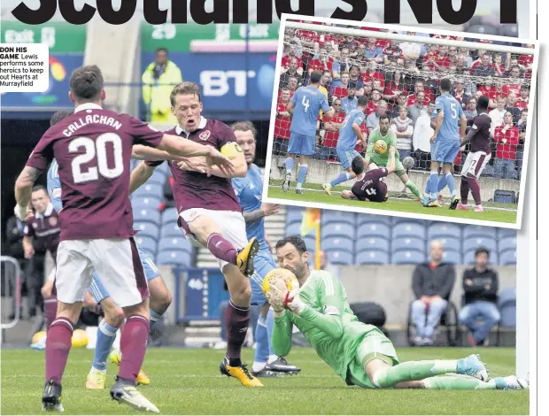  ??  ?? DON HIS GAME Lewis performs some heroics to keep out Hearts at Murrayfiel­d