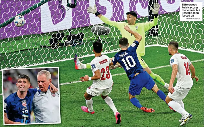  ?? GETTY IMAGES/EPA ?? Bitterswee­t: Pulisic scores the winner but (inset) is then forced off