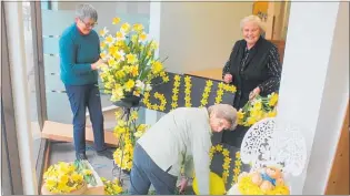  ??  ?? Dannevirke Floral Artmembers decorating the ANZ Bank Window. From left: Christine Littlejohn, Annette Souness and Sylvia Peffers.