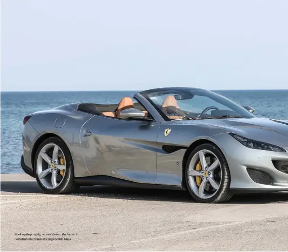  ??  ?? Roof up (top right), or roof down, the Ferrari Portofino maintains its impeccable lines