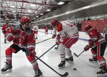  ?? MICHAEL P. PAYNE — FOR THE NEWS-HERALD ?? Mentor’s Andrew McBride, left, and Luke Jeffery, right, vie for a puck with Shaker Heights’ Jeff Sauerland on Feb. 1at Thornton Park in Shaker Heights.