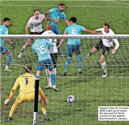  ?? ?? Happier times for Krystian Bielik (right) as he scores the only goal for Derby County in a win against Bournemout­h in January.