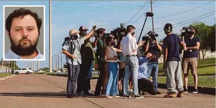  ?? AFP PIX ?? Reporters interviewi­ng an employee of Kent Moore Cabinets who witnessed the shooting on Thursday in Bryan, Texas. (Inset) Larry Bollin, who was named as the shooting suspect.