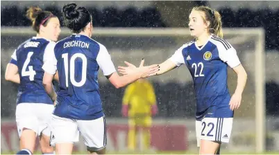  ??  ?? Helping hand Although she didn’t get on the pitch in Albania, Fiona (right) played her part scoring against the Albanians in Scotland’s win last October