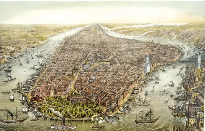  ?? (Photos: Wikimedia Commons) ?? BIRD’S-EYE panoramic view print of Manhattan in 1873, looking north, by George Schlegel.