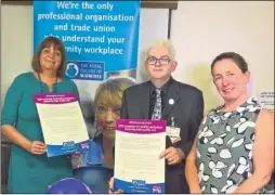  ??  ?? Sally Smith, chief nurse and director of quality at the trust, Ian Selth, RCM steward at the trust and Clare Livingston­e, RCM regional officer