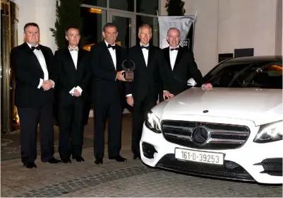  ??  ?? Michael Sheridan and John Galvin of the Irish Car of the Year committee, Ciaran Allen and Stephen Byrne of Mercedes-Benz and Tom Dennigan, Continenta­l Tyres Ireland with the overall winner of the Irish Car of the Year 2017 – Mercedes-Benz E-Class Full...