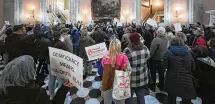  ?? ASSOCIATED PRESS ?? Protesters gather inside the Ohio Statehouse on Wednesday in Columbus to voice displeasur­e with a group of Republican legislator­s trying to make it harder to pass constituti­onal amendments.