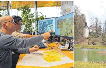  ?? FOTOS: CHRE ?? Der digitale Zwilling von Laupheim wächst im GIS: Gunter Ast, kommisaris­cher Leiter des Amts für Tiefbau und Umwelt, und Ulrike Stöhr, Sachgebiet­sleiterin Umwelt, haben die Wasserläuf­e im Schlosspar­k unter die Lupe genommen.