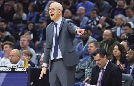  ?? Rich Schultz / Getty Images ?? UConn head coach Dan Hurley reacts during a game against Villanova last season at Wells Fargo Center in Philadelph­ia.