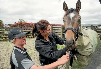  ?? PHOTOS: WARWICK SMITH/FAIRFAX NZ ?? Stablehand Angie Jones (left) and office manager Olivia Hill put a cover on one year old Penny.