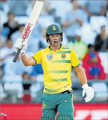  ?? Picture: GALLO IMAGES ?? BACK WITH A BANG: South Africa’s AB de Villiers celebrates reaching his half century during the third T20 Internatio­nal against Sri Lanka at Newlands in Cape Town yesterday