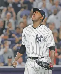  ?? FRANK FRANKLIN II/ASSOCIATED PRESS ?? Yankees starting pitcher Luis Severino reacts after striking out the Athletics’ Marcus Semien with the bases loaded to end the top of the fourth inning.