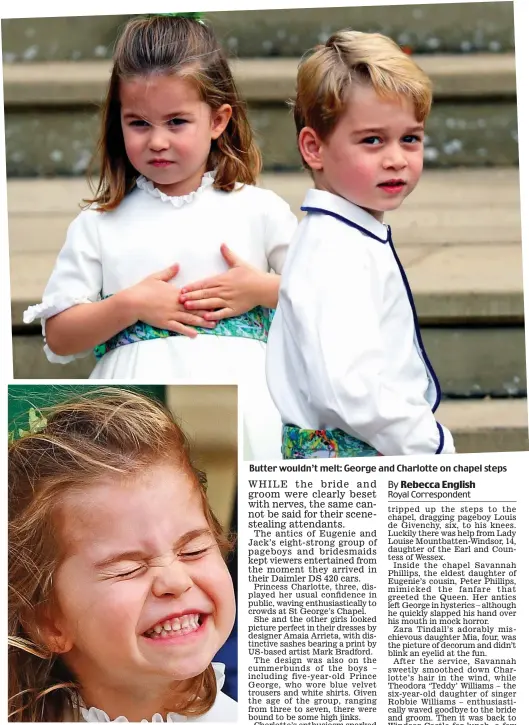  ??  ?? What nerves? Joyous Charlotte revels in spotlight Butter wouldn’t melt: George and Charlotte on chapel steps