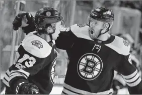  ?? MICHAEL DWYER/AP PHOTO ?? Charlie McAvoy of the Bruins (73) celebrates his goal with Kevan Miller (86) during the second period of Thursday’s game at Boston.