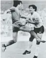  ?? Korea Times file ?? South Korea’s Huh Jung-moo, left, tackles Diego Maradona of Argentina during a Group A football match of the FIFA 1986 World Cup in Mexico, June 2, 1986.