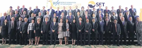  ??  ?? The delegates of the World Federation of Exchanges gathered in Bangkok for the 57th WFE’s annual meeting in Bangkok, hosted by the Stock Exchange of Thailand. The photo shows WFE chief executive Nandini Sukumar (front row, 10th from left) and SET...