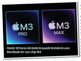  ?? ?? Hasta 18 horas de batería puede brindarle una Macbook Air con chip M3.