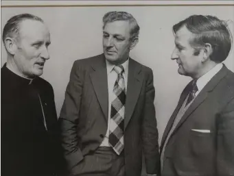  ??  ?? Fr T Brophy, Kevin Heffernan, Dublin trainer, and Martin Doogue at a Wicklow GAA seminar in Baltinglas­s in 1975.