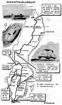  ??  ?? Left: The route for the first Rally of the Midnight Sun in 1950 was demanding, with three starting points in the south that joined at Örebro for a drive to the north that included several special tests