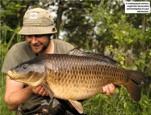  ??  ?? a cracking big pit common, caught after obsvervati­on and investigat­ion of a spot with the boat.