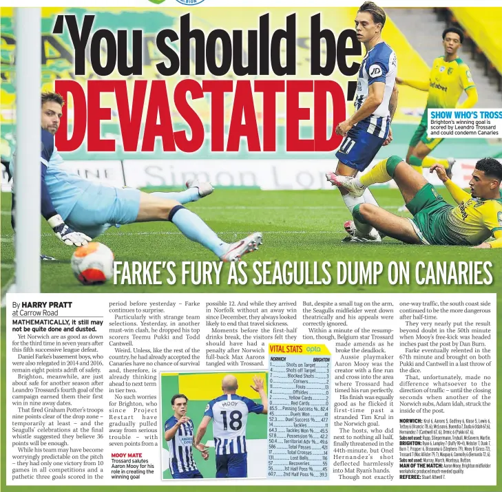  ??  ?? MOOY MATE Trossard salutes Aaron Mooy for his role in creating the winning goal
SHOW WHO’S TROSS Brighton’s winning goal is scored by Leandro Trossard and could condemn Canaries