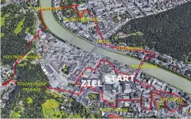  ?? BILD: SN/PERSONAL FITNESS/GOOGLE EARTH ?? Die neue Strecke des Salzburger Businessla­ufs führt mitten durch die Salzburger Altstadt.