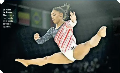  ?? ?? La rutina de Simone Biles resultó espectacul­ar en la prueba de viga de equilibrio.