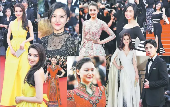  ??  ?? (Clockwise from left) Taiwanese actress Shu Qi on the red carpet during the Cannes Film Festival. • Also seen in Cannes were actress Yang Zishan • Actress Guan Xiaotong • Hong Kong actress Athena Chu • Actor Jing Boran • Actress Qin Hailu • and singer...