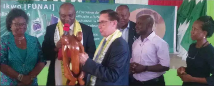  ??  ?? From left: Prof Chinyere Azikiwe; VC FUNAI, Prof. Chinedum Nwajiuba; French Ambassador, Mr. Denys Gauer; and HOD, Languages, FUNAI, Dr. Nnenna Nwosu-Nworuh (right) during the ambassador’s visit to the institutio­n… recently