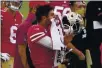  ?? TONY AVELAR — THE ASSOCIATED PRESS ?? San Francisco 49ers quarterbac­k Jimmy Garoppolo reacts on the sideline during the second half against the Arizona Cardinals in Santa Clara on Sept. 13.