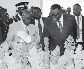  ??  ?? President Mugabe (left) and his Namibian counterpar­t President Hage Geingob admire sorghum on exhibition at the Produce Market during a tour of stands at the ZITF in Bulawayo yesterday. (Picture by Eliah Saushoma)