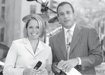  ?? RICHARD DREW/AP ?? Katie Couric and Matt Lauer, co-hosts of the NBC’s“Today”show from 1997 to 2006, introduce a segment of the show on Aug. 12, 2005, in New York. Couric recently released a new book,“Going There.”