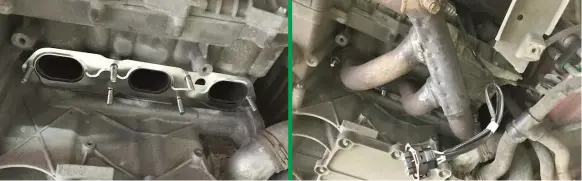  ??  ?? Below left: New exhaust studs and gasket in place. Below: Exhaust survives to live another day