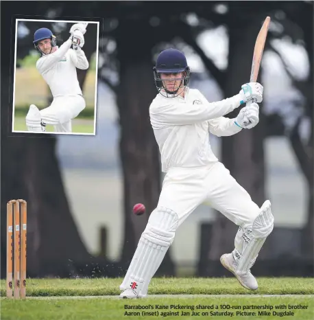  ?? Picture: Mike Dugdale ?? Barrabool’s Kane Pickering shared a 100-run partnershi­p with brother Aaron (inset) against Jan Juc on Saturday.