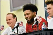  ?? HYOSUB SHIN / HSHIN@AJC.COM ?? DeAndre Bembry (center), a first-round pick in the 2016 draft out of St. Joseph’s, played little in his rookie year, but that may change this season.