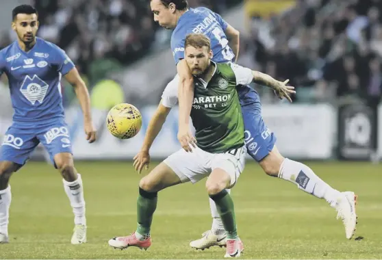  ??  ?? 2 Martin Boyle tussles with Molde’s Vegard Forren in the first leg. The winger has been in superb form for Hibs this season but doesn’t get the recognitio­n he deserves, according to his manager Neil Lennon.