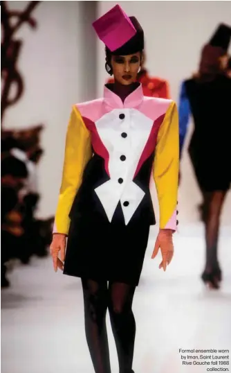 ?? ?? Formal ensemble worn by Iman, Saint Laurent Rive Gauche fall 1988 collection.