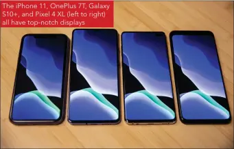  ??  ?? The iPhone 11, OnePlus 7T, Galaxy S10+, and Pixel 4 XL (left to right) all have top-notch displays