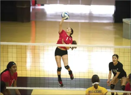  ?? VINCENT OSUNA PHOTO ?? Imperial Valley College’s Azariah Rodriguez attempts to hit the ball during their tournament game against Arizona Western College during IVC’s annual round robin tournament on Saturday at Imperial Valley College in Imperial.